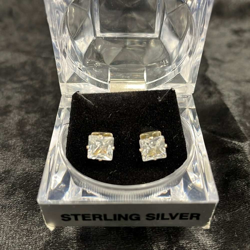 Sterling silver square diamond stud earrings